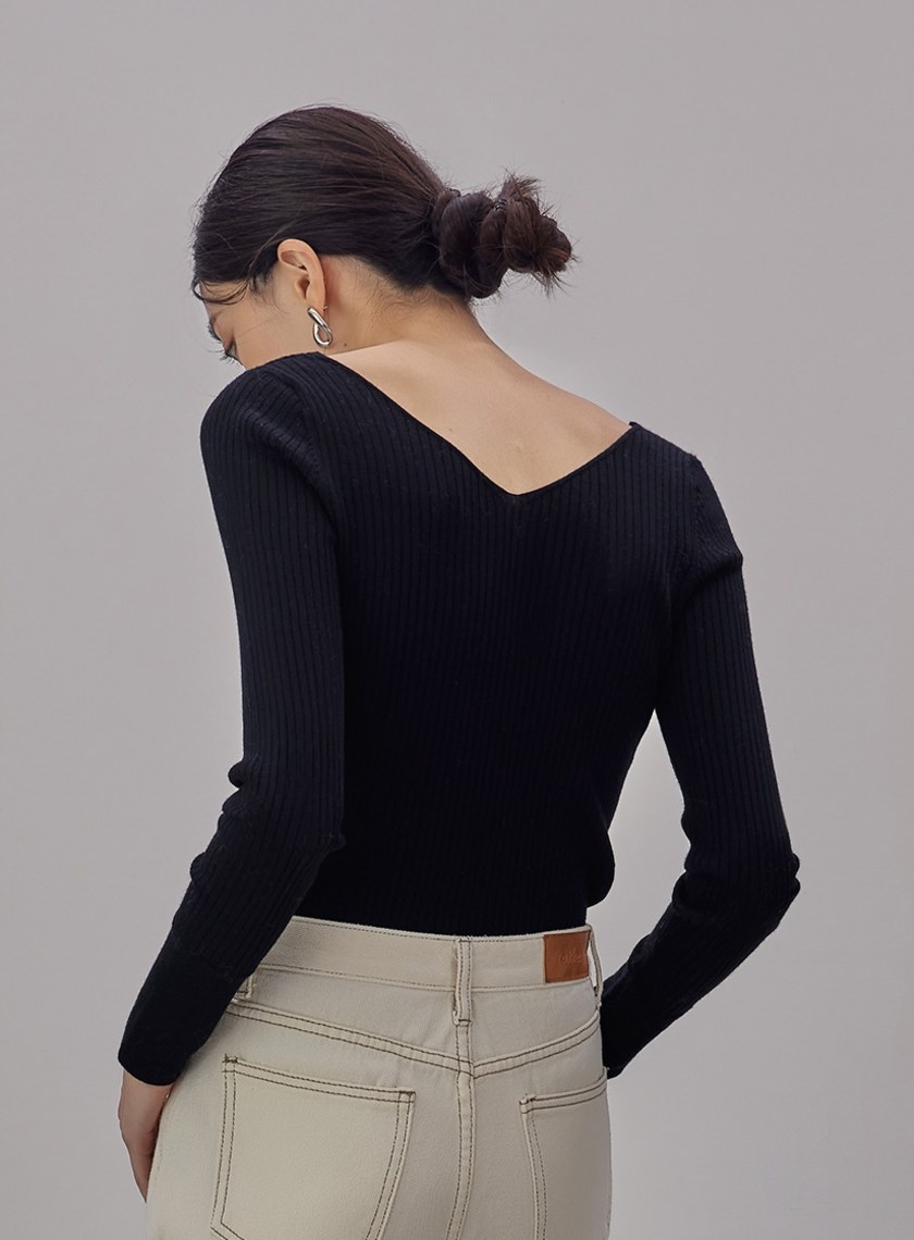 V領長袖羊毛針織上衣